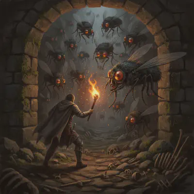 Giant flies swarming toward torchlight in the barrow corridor